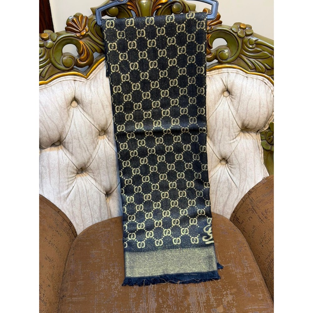 $299 flat sale Gucci GG Monogram Lame Scarf Black Gold Metallic Logo Shawl